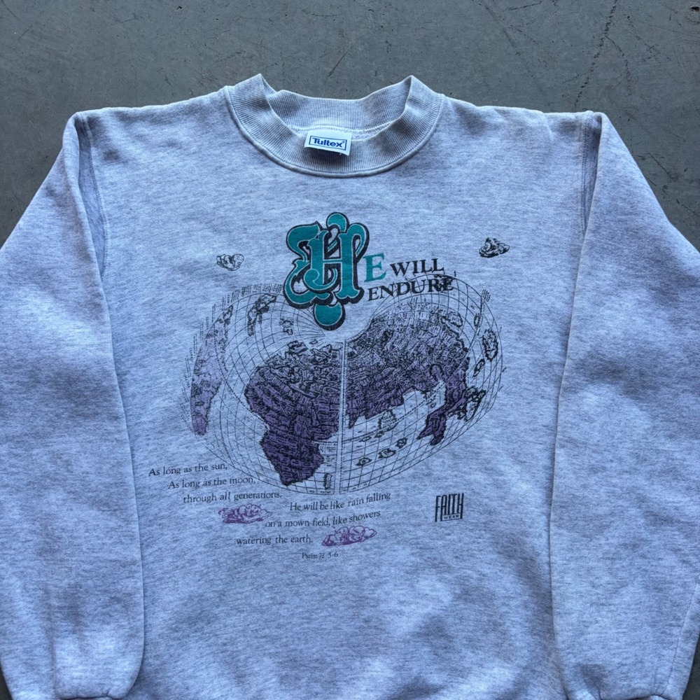 Vintage Tultex He Will Endure‎ Religious Graphic Sweatshirt Gray Small Psalm 72